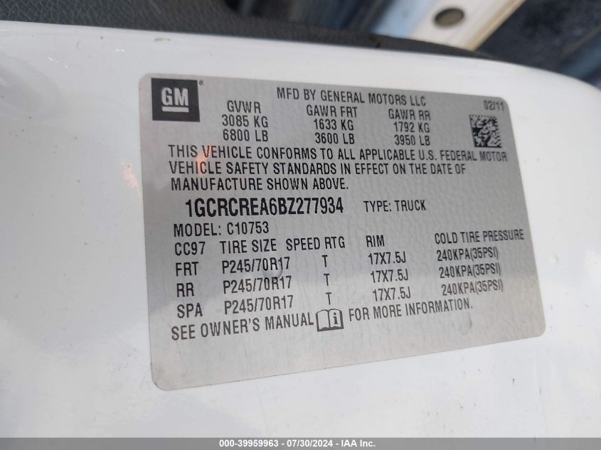 2011 Chevrolet Silverado 1500 Ls VIN: 1GCRCREA6BZ277934 Lot: 39959963