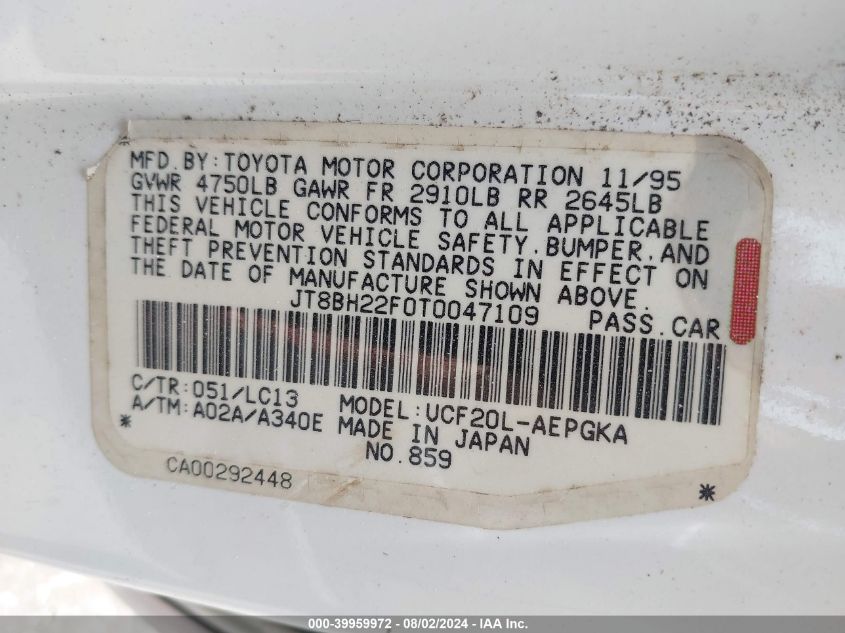 1996 Lexus Ls 400 VIN: JT8BH22F0T0047109 Lot: 39959972