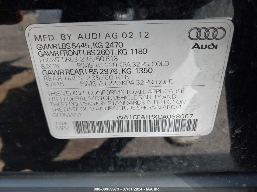 2012 Audi Q5 2.0T Premium VIN: WA1CFAFPXCA088067 Lot: 39959973