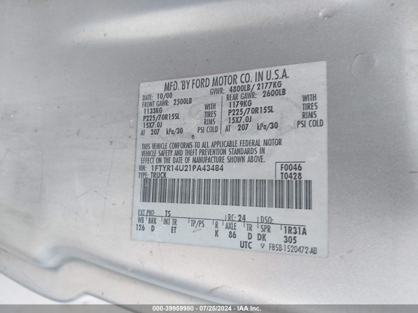 2001 Ford Ranger Super Cab VIN: 1FTYR14U21PA43484 Lot: 39959980