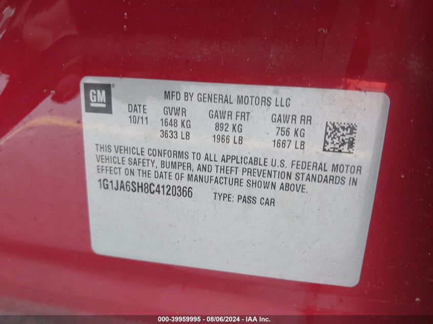 2012 Chevrolet Sonic 2Ls VIN: 1G1JA6SH8C4120366 Lot: 39959995