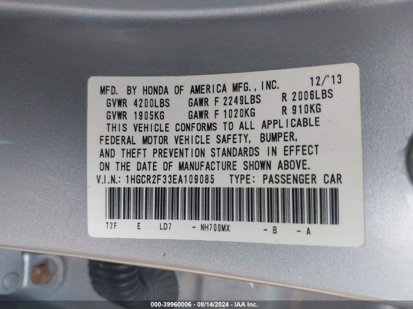 1HGCR2F33EA109085 2014 Honda Accord Lx