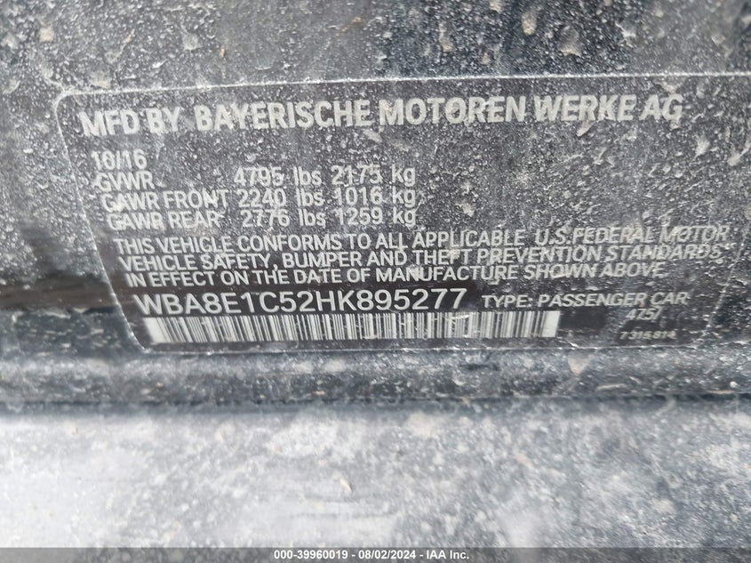 2017 BMW 330E IPERFORMANCE - WBA8E1C52HK895277