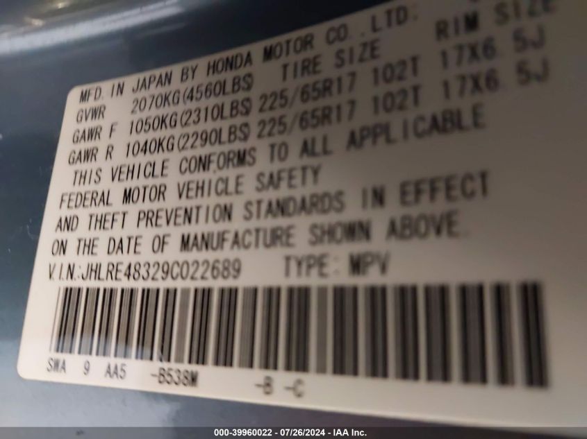 2009 Honda Cr-V Lx VIN: JHLRE48329C022689 Lot: 39960022