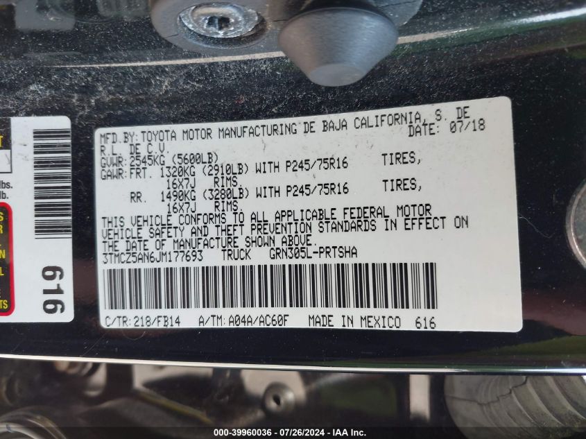 2018 Toyota Tacoma Sr V6 VIN: 3TMCZ5AN6JM177693 Lot: 39960036