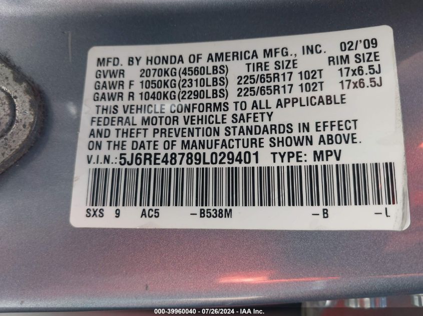 2009 Honda Cr-V Ex-L VIN: 5J6RE48789L029401 Lot: 39960040