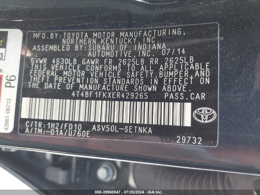 2014 Toyota Camry Le VIN: 4T4BF1FKXER429265 Lot: 39960047