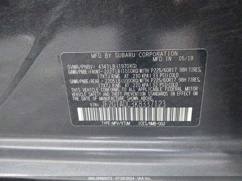 VIN JF2GTADC3K8337123 2019 SUBARU CROSSTREK 2.0I PREMIUM
