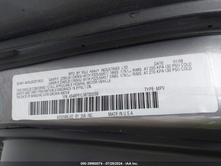 2008 Subaru Outback 2.5I/2.5I L.l. Bean Edition VIN: 4S4BP61C987353559 Lot: 39960074