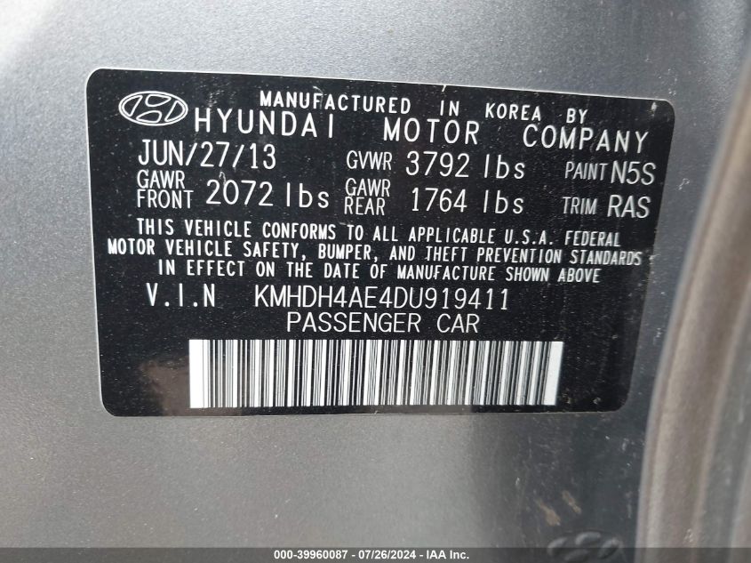 2013 Hyundai Elantra Limited VIN: KMHDH4AE4DU919411 Lot: 39960087