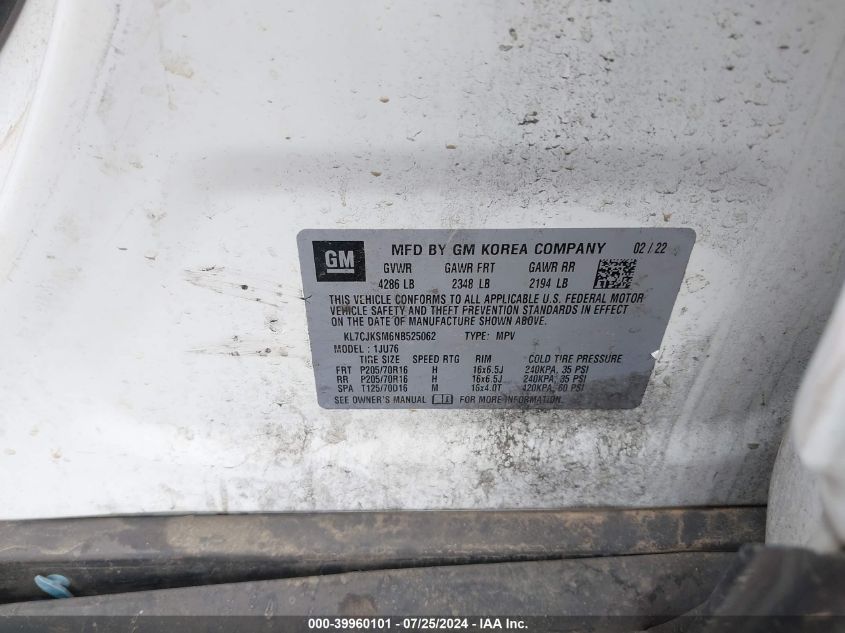 2022 Chevrolet Trax Fwd Ls VIN: KL7CJKSM6NB525062 Lot: 39960101