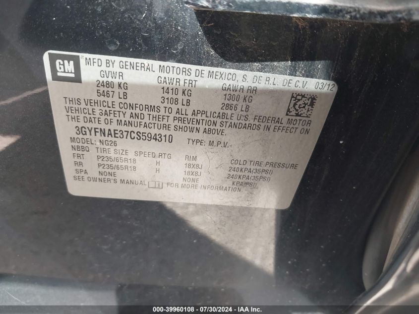 2012 Cadillac Srx Luxury Collection VIN: 3GYFNAE37CS594310 Lot: 39960108