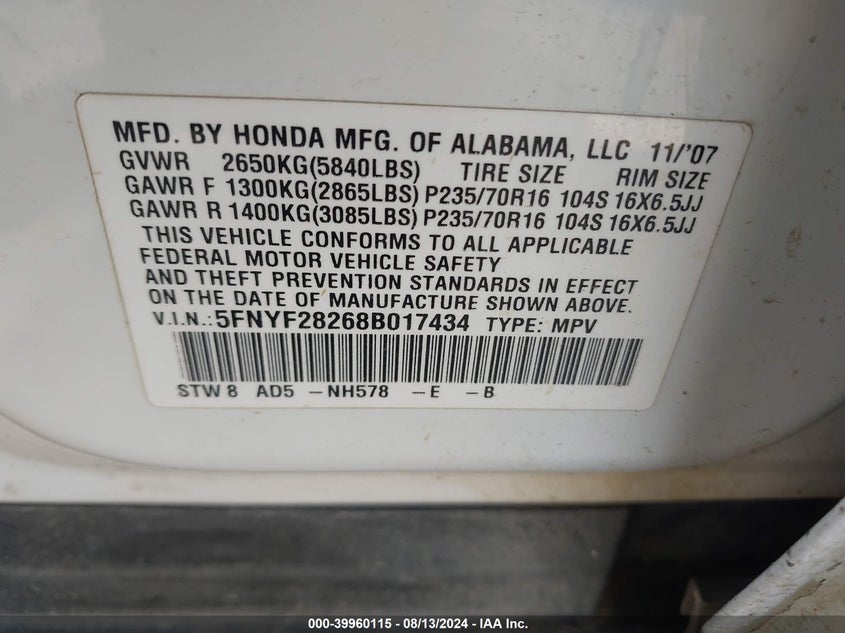 2008 Honda Pilot Vp VIN: 5FNYF28268B017434 Lot: 39960115