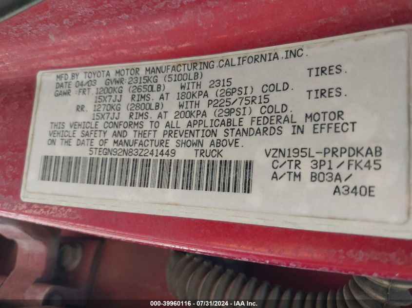 2003 Toyota Tacoma Prerunner V6 VIN: 5TEGN92N83Z241449 Lot: 39960116
