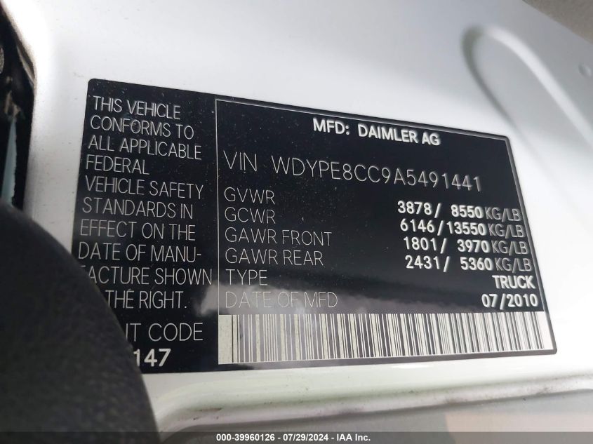 2010 Dodge Sprinter VIN: WDYPE8CC9A549144 Lot: 39960126