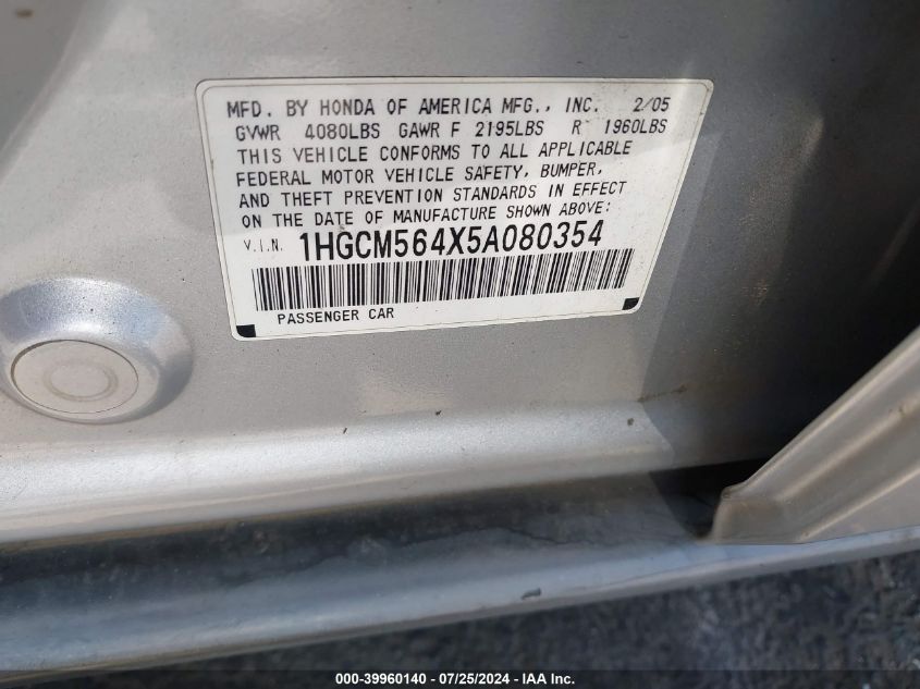 2005 Honda Accord 2.4 Lx VIN: 1HGCM564X5A080354 Lot: 39960140