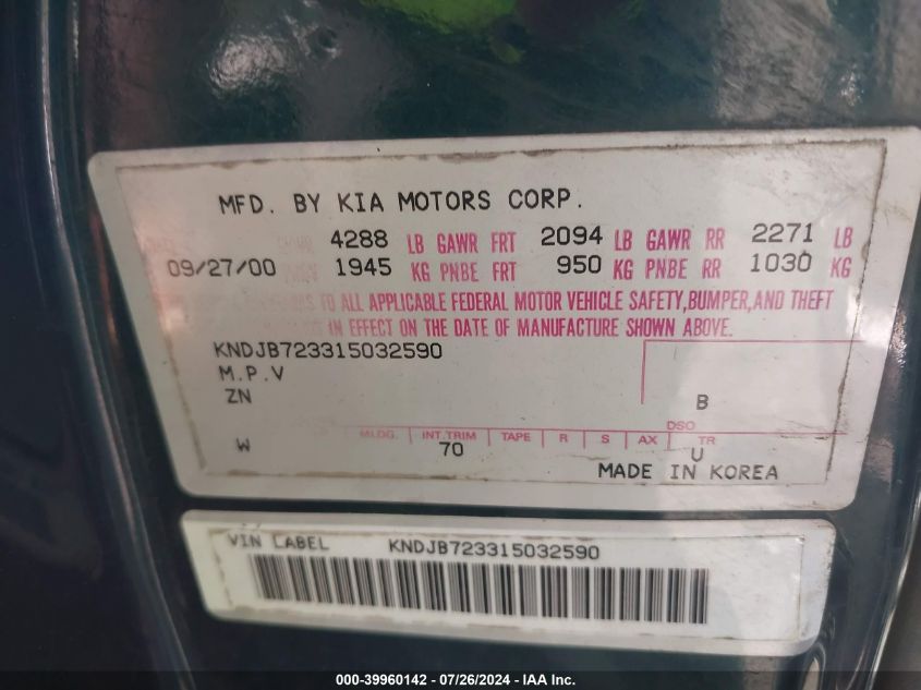 2001 Kia Sportage Ex/Limited VIN: KNDJB723315032590 Lot: 39960142