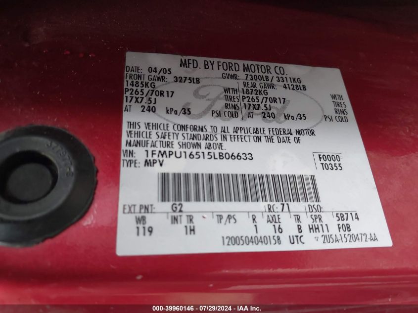 2005 Ford Expedition Nbx/Xlt VIN: 1FMPU16515LB06633 Lot: 39960146