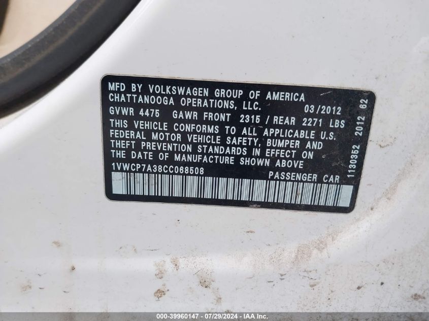 2012 Volkswagen Passat 2.5L Sel VIN: 1VWCP7A38CC068508 Lot: 39960147