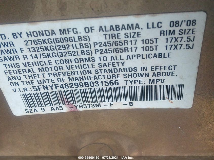 2009 Honda Pilot Lx VIN: 5FNYF48299B031566 Lot: 39960150