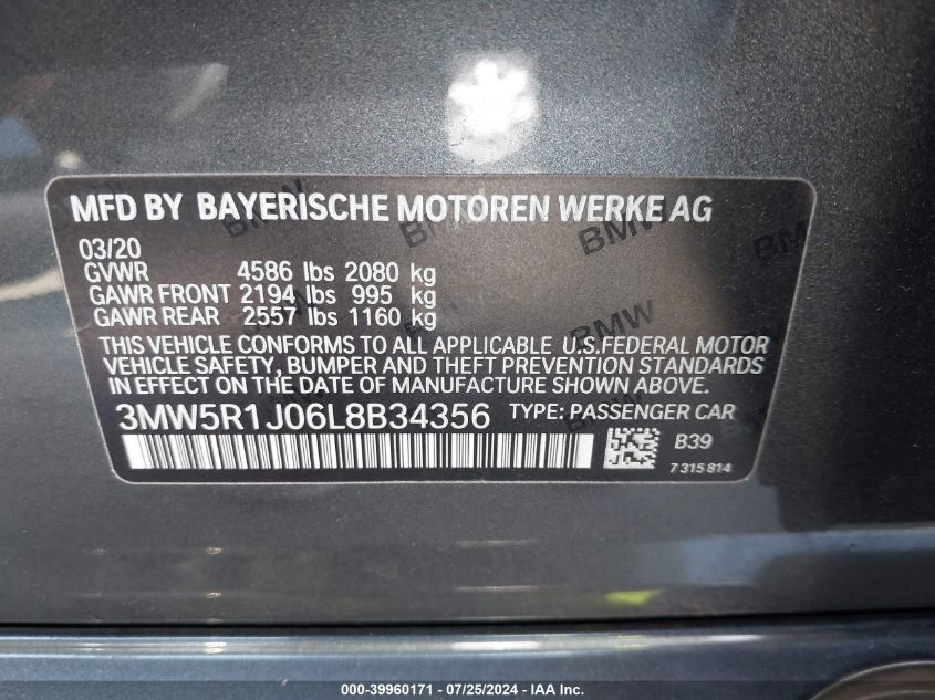 2020 BMW 330I VIN: 3MW5R1J06L8B34356 Lot: 39960171