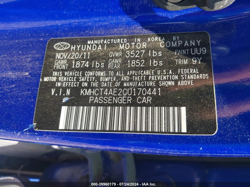 2012 Hyundai Accent Gls VIN: KMHCT4AE2CU170441 Lot: 39960179