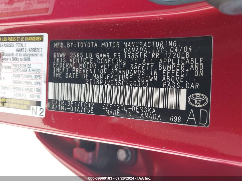 2005 Toyota Corolla S VIN: 2T1BR32E35C320323 Lot: 39960183