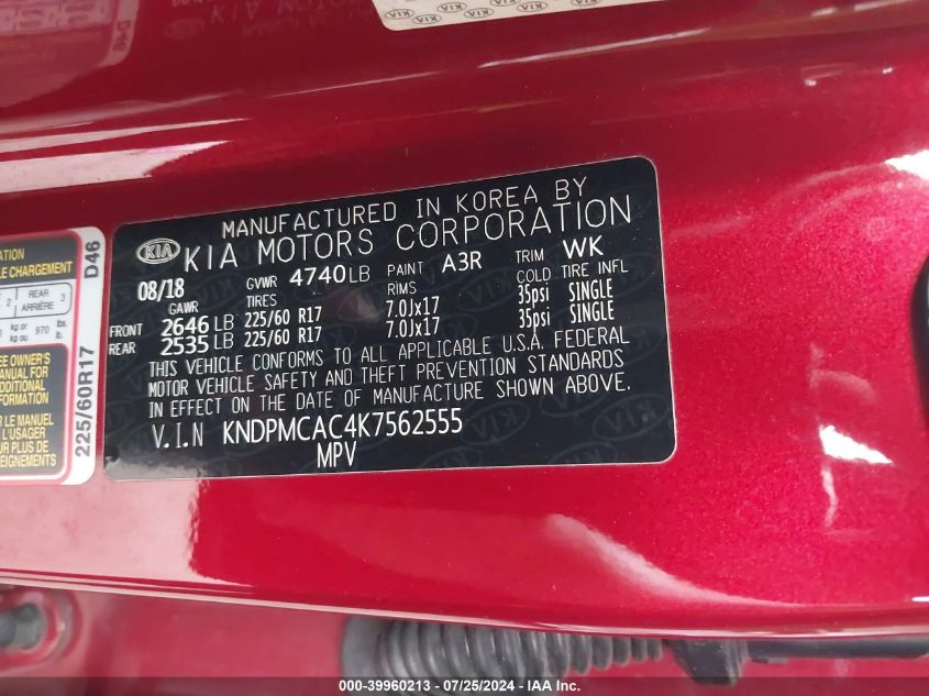 2019 Kia Sportage Lx VIN: KNDPMCAC4K7562555 Lot: 39960213