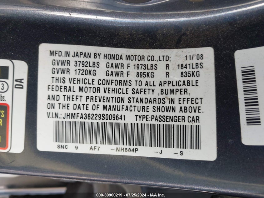 2009 Honda Civic Hybrid Hybrid VIN: JHMFA36229S009641 Lot: 39960219