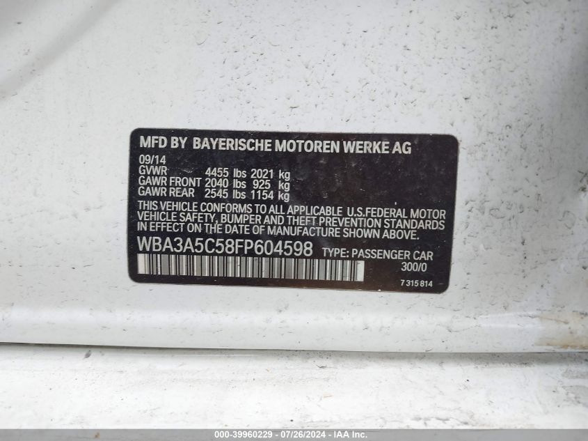 2015 BMW 328I I VIN: WBA3A5C58FP604598 Lot: 39960229