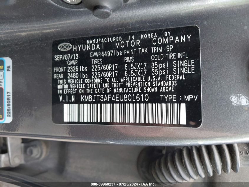 2014 Hyundai Tucson Gls VIN: KM8JT3AF4EU801610 Lot: 39960237