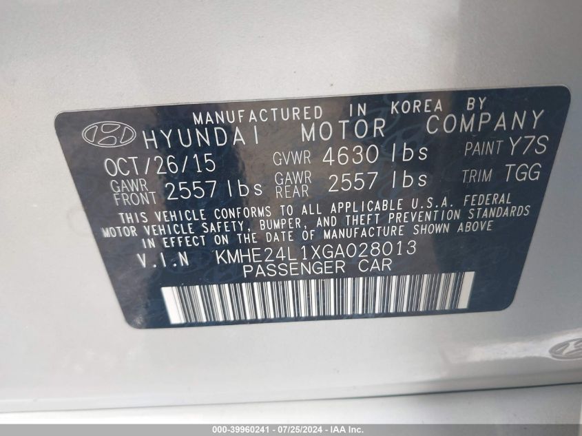 2016 Hyundai Sonata Hybrid Se VIN: KMHE24L1XGA028013 Lot: 39960241