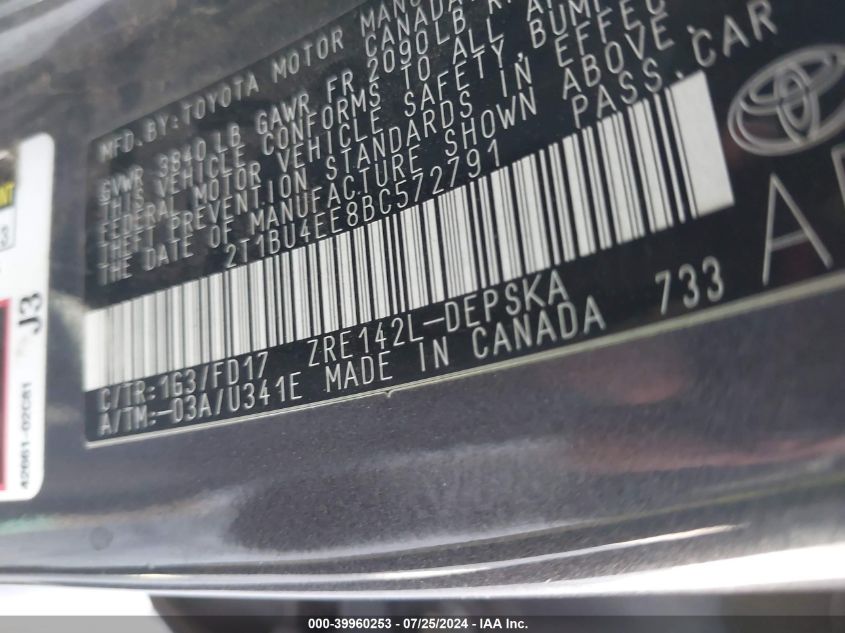 2011 Toyota Corolla VIN: 2T1BU4EE8BC572791 Lot: 39960253