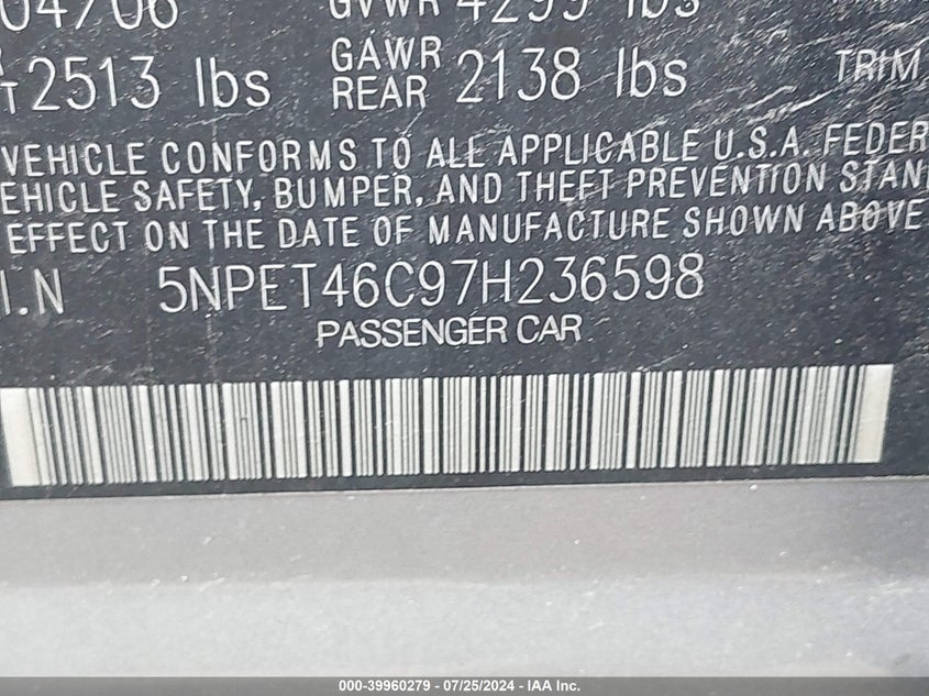 2007 Hyundai Sonata Gls VIN: 5NPET46C97H236598 Lot: 39960279