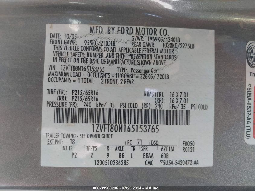 2006 Ford Mustang V6 VIN: 1ZVFT80N165153765 Lot: 39960296