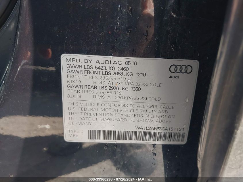 2016 Audi Q5 2.0T Premium VIN: WA1L2AFP3GA151124 Lot: 39960298