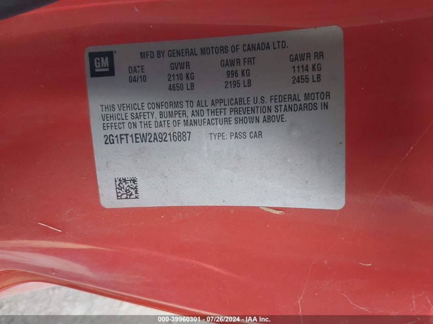 2010 Chevrolet Camaro Ss VIN: 2G1FT1EW2A9216887 Lot: 39960301