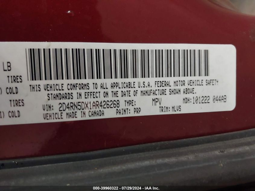 2010 Dodge Grand Caravan Sxt VIN: 2D4RN5DX1AR426268 Lot: 39960322