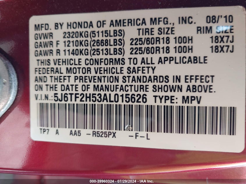 2010 Honda Accord Crosstour Exl VIN: 5J6TF2H53AL015626 Lot: 39960324