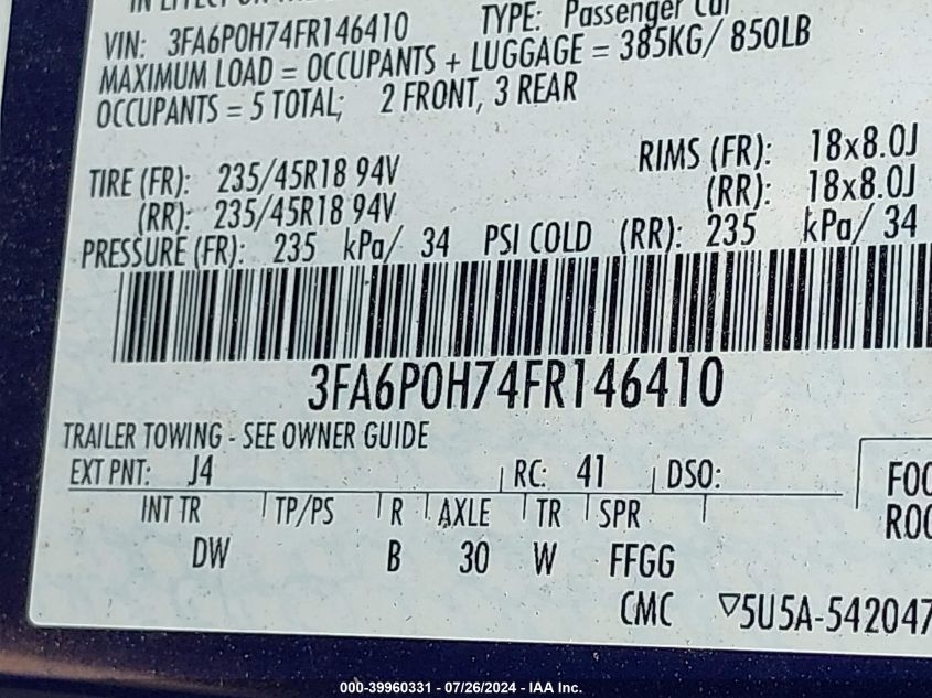 2015 Ford Fusion Se VIN: 3FA6P0H74FR146410 Lot: 39960331