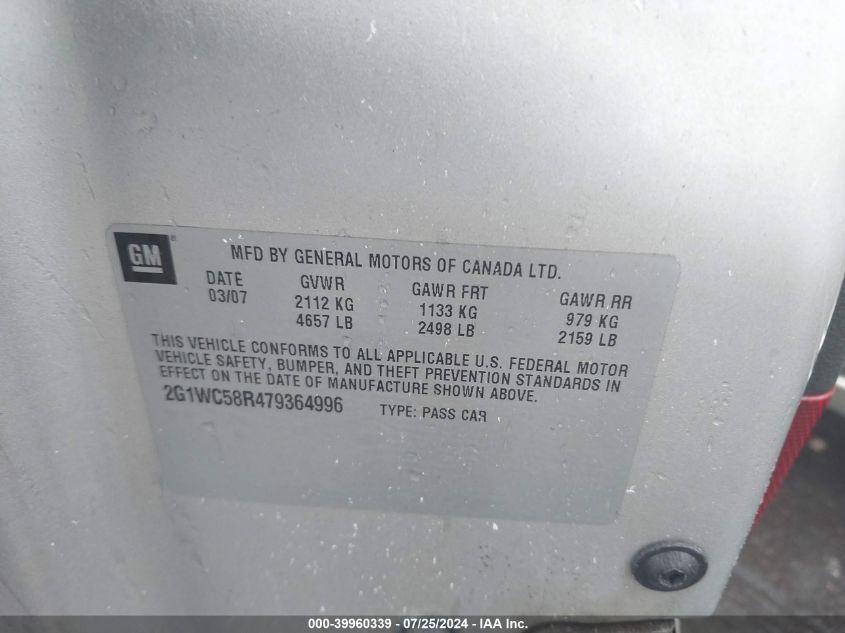 2007 Chevrolet Impala Lt VIN: 2G1WC58R479364996 Lot: 39960339