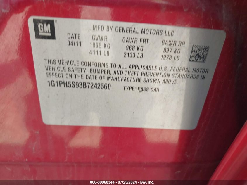 2011 Chevrolet Cruze Ltz VIN: 1G1PH5S93B7242560 Lot: 39960344