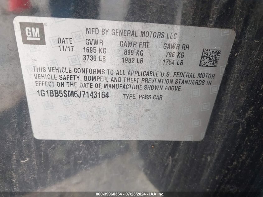 2018 Chevrolet Cruze Ls Manual VIN: 1G1BB5SM6J7143164 Lot: 39960354