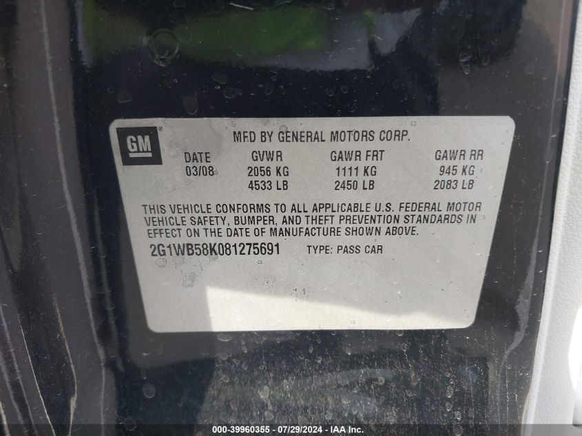 2008 Chevrolet Impala Ls VIN: 2G1WB58K081275691 Lot: 39960355