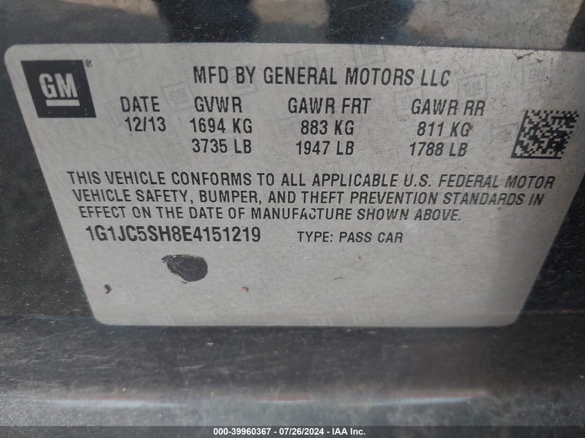 2014 Chevrolet Sonic Lt Auto VIN: 1G1JC5SH8E4151219 Lot: 39960367