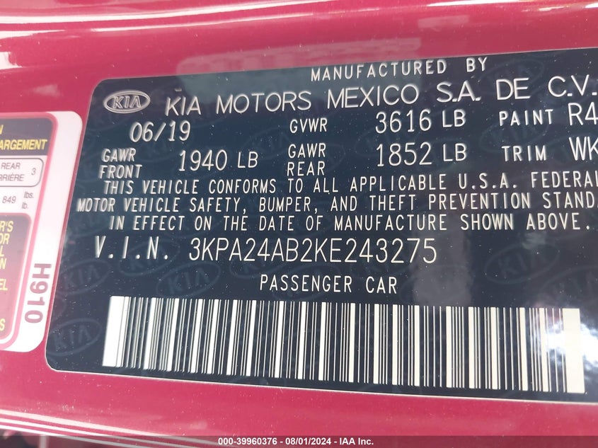 VIN 3KPA24AB2KE243275 2019 KIA RIO S