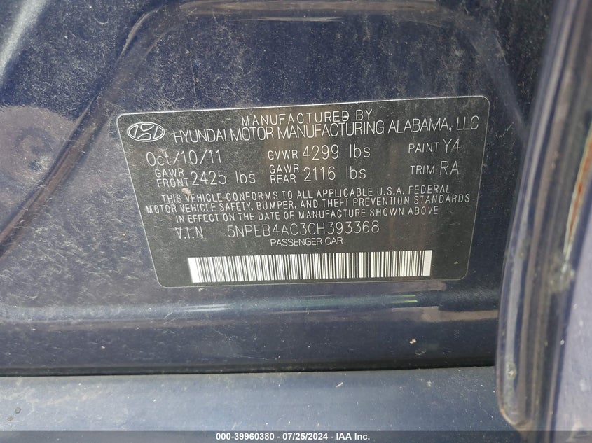 2012 Hyundai Sonata Gls VIN: 5NPEB4AC3CH393368 Lot: 39960380