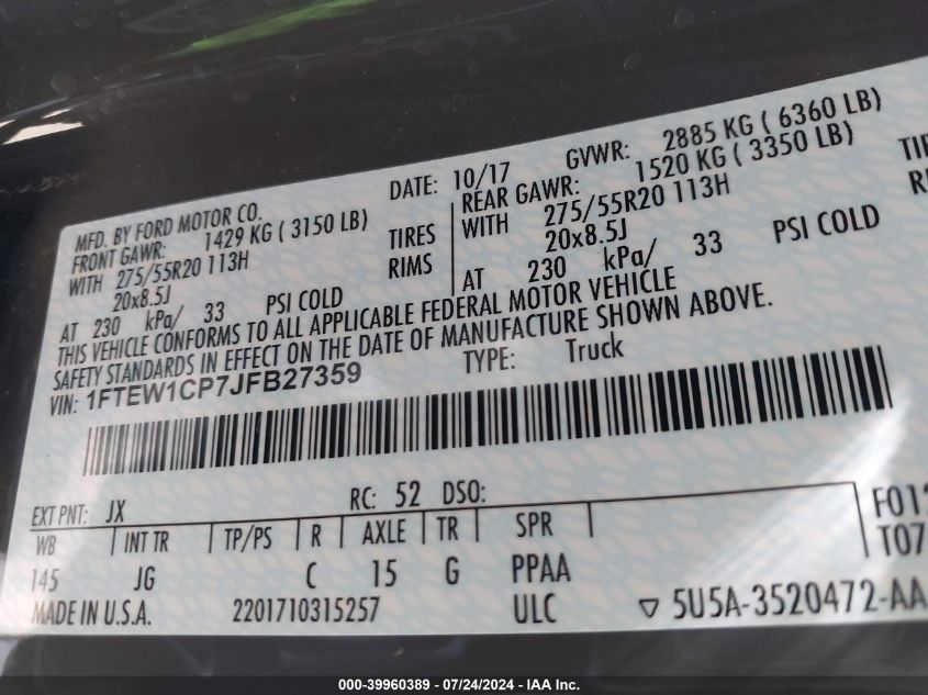 2018 Ford F-150 Xl VIN: 1FTEW1CP7JFB27359 Lot: 39960389