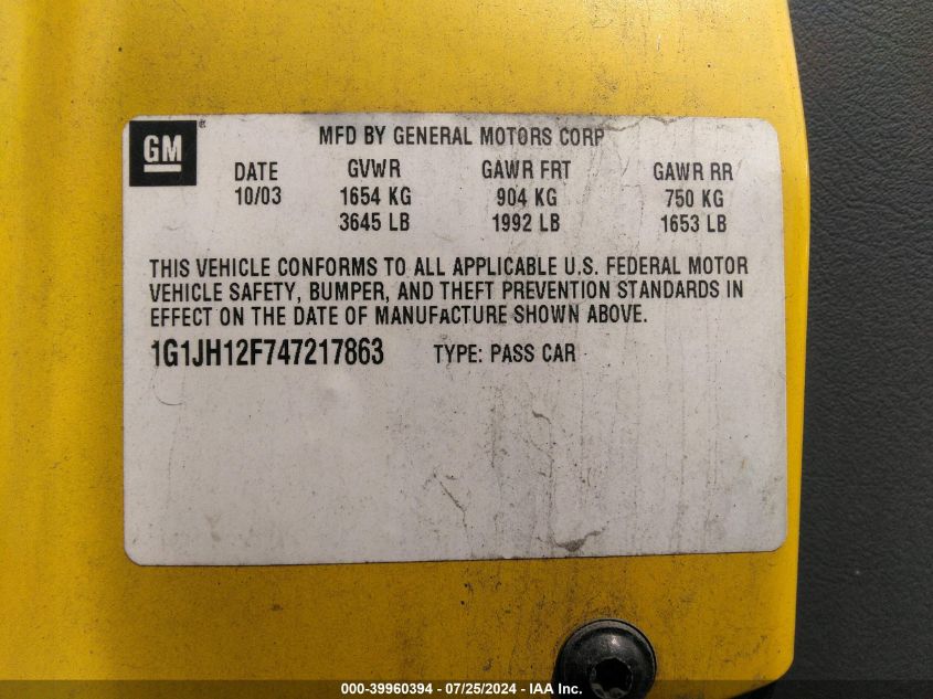 2004 Chevrolet Cavalier Ls Sport VIN: 1G1JH12F747217863 Lot: 39960394