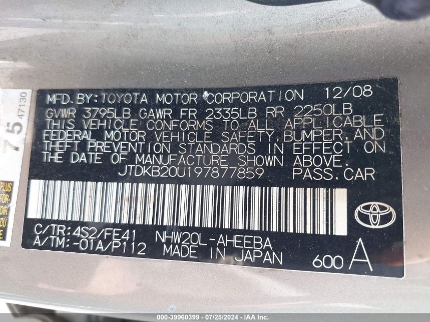 2009 Toyota Prius Standard/Touring VIN: JTDKB20U197877859 Lot: 39960399